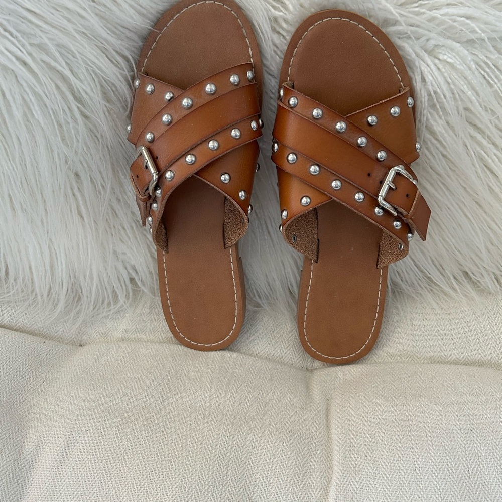 Universal Thread Brown Studded Crisscross Slide Sandals
